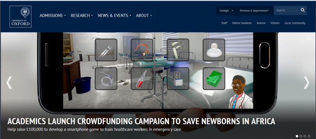 Screenshot from the University start page http://www.ox.ac.uk/