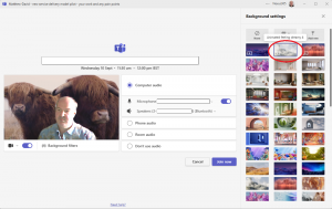 Screenshot of joining a Teams meeting with a default animated background replaced.
